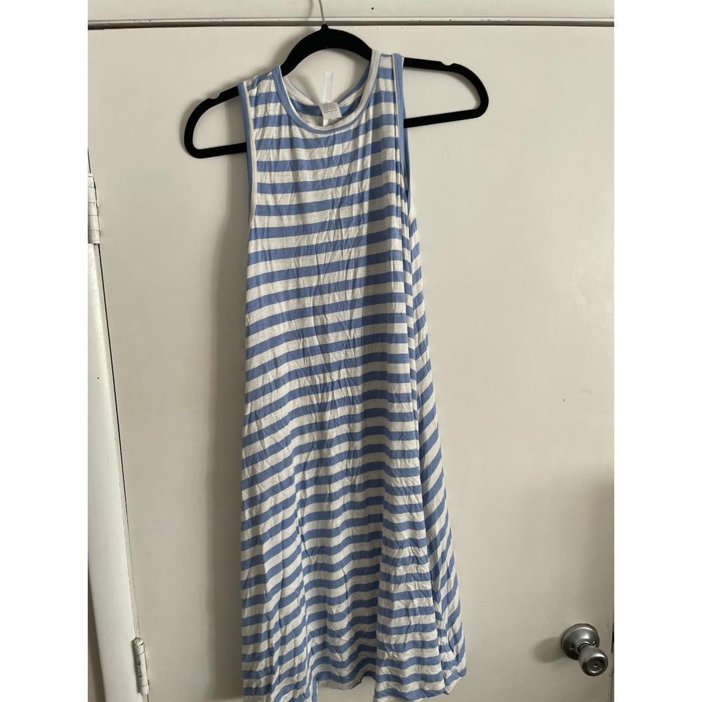 Women's Sz Small Striped Sleeveless Jersey Tank Swing Dress Blue White with pock